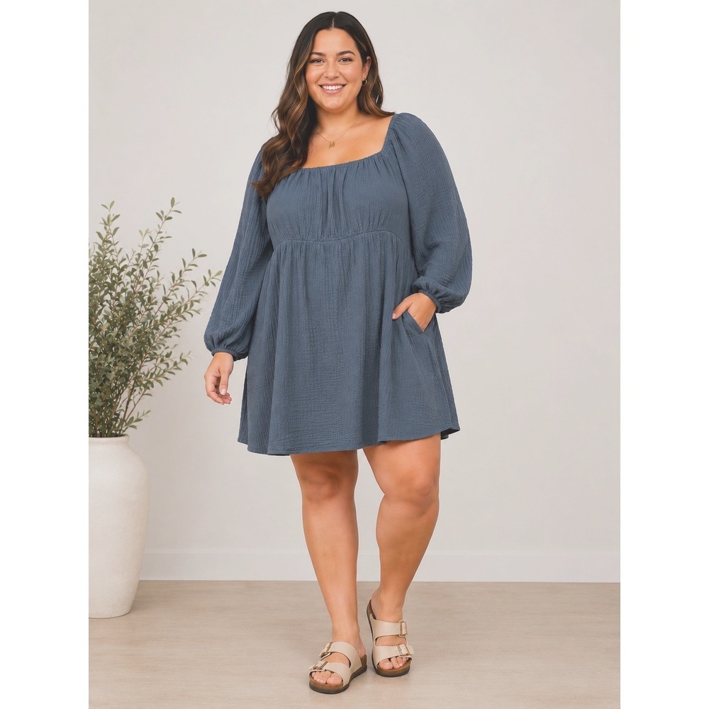 Arula Blue Cotton Gauze Mini Dress Balloon Sleeve Sz 18-20 Cottagecore Peasant
